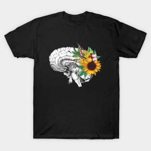 Brain human anatomy,floral sunflowers feathers, mental, watercolor T-Shirt